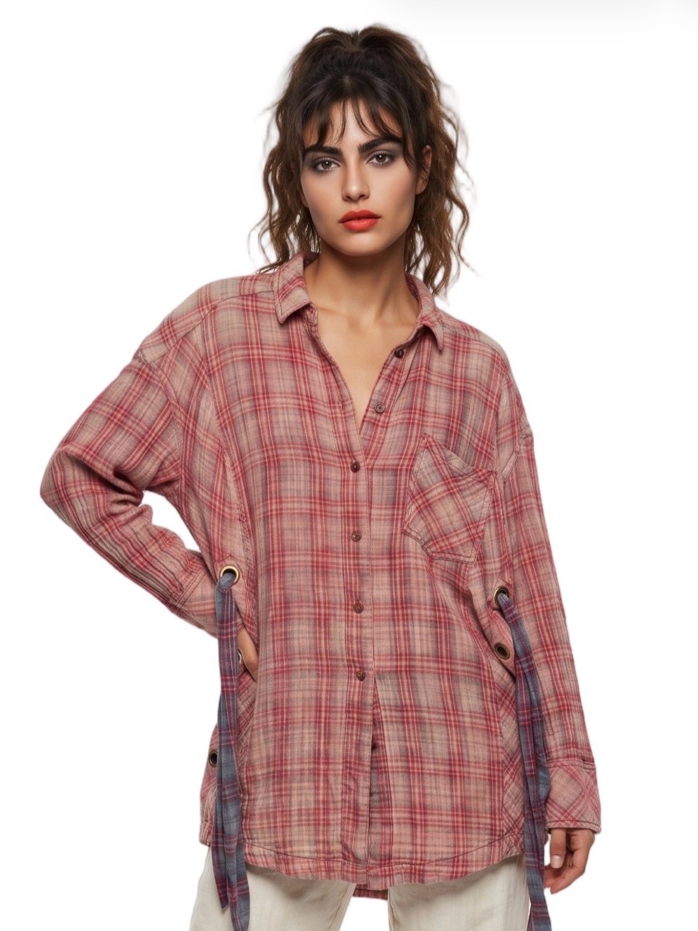 Free People Nordic Day Red Pink Plaid button down Long sleeve Plaid Shirt LaceUp - Picture 14 of 14